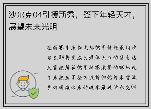 沙尔克04引援新秀，签下年轻天才，展望未来光明