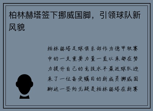 柏林赫塔签下挪威国脚，引领球队新风貌
